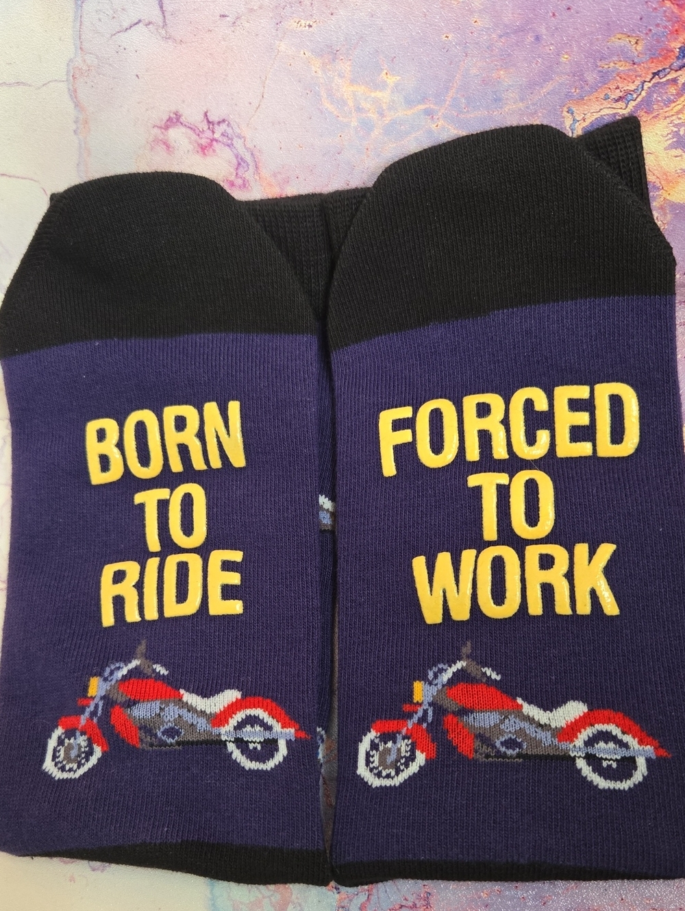 Men's Socks Novelty Gag Gift Moto Born To Ride Forced To Work Motorcycle NWOT